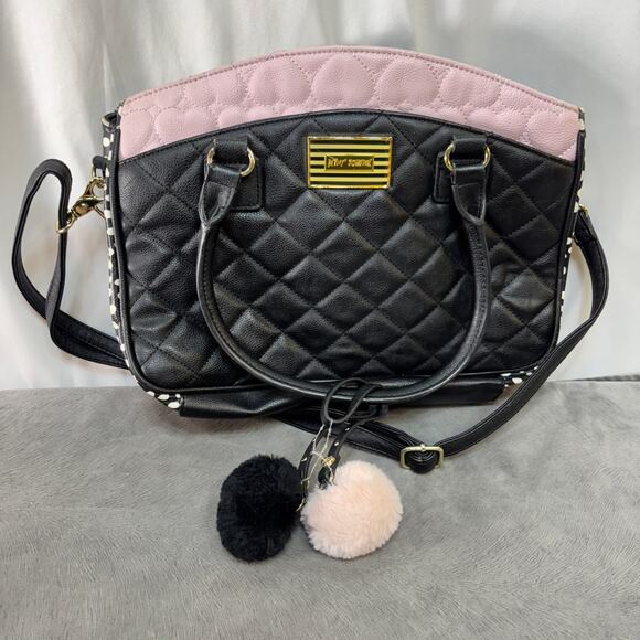 Betsey Johnson Black & Pink Quilted Satchel Gold Tone Accents Pom Pom Bag Charm - Picture 1 of 6